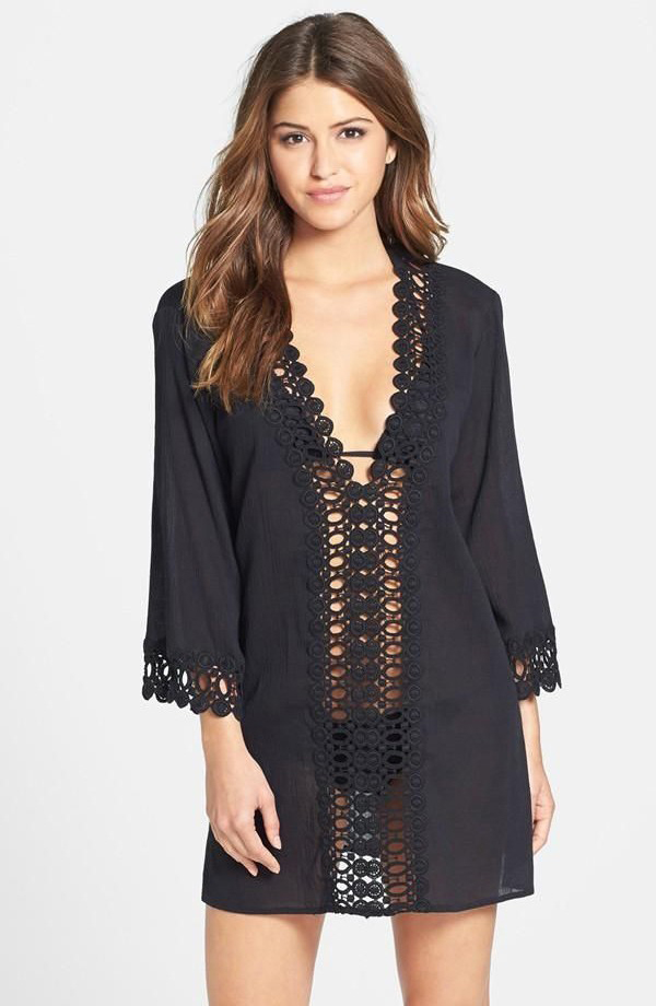 F4385-1Black Long Sleeves Deep V-neck Crochet Trim Casual Cover-up